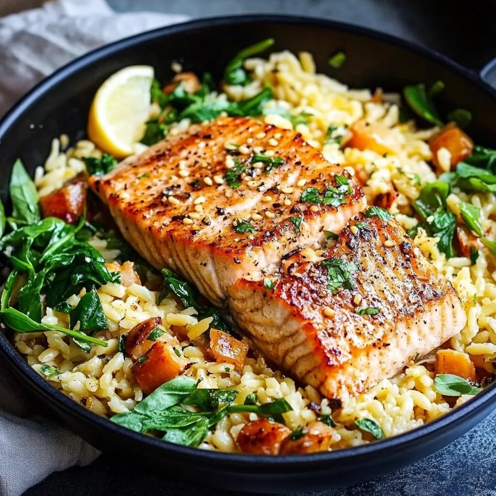 Lachs aus einer Pfanne mit Zitronen-Orzo